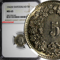 SWITZERLAND Copper-Nickel 1942 B 5 Rappen NGC MS63 HELVETICA KM# 26 (043)