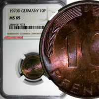 Germany Federal Republic 1970 D 10 Pfennig NGC MS65 NICE CHERRY TONING KM108/033