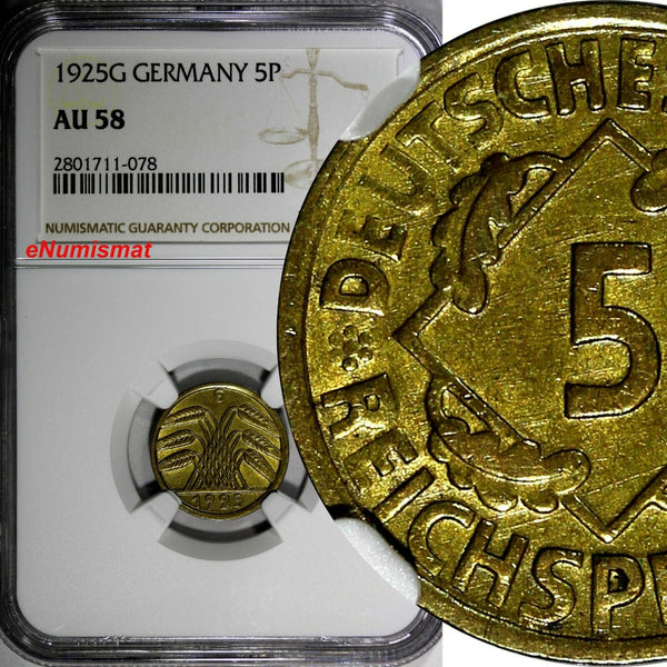 Germany Weimar Republic 1925 G 5 Reichspfennig NGC AU58 KM# 39 (078)