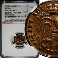 BELGIUM Copper 1912 1 Centime FRENCH NGC UNC DETAILS KM# 76 (032)