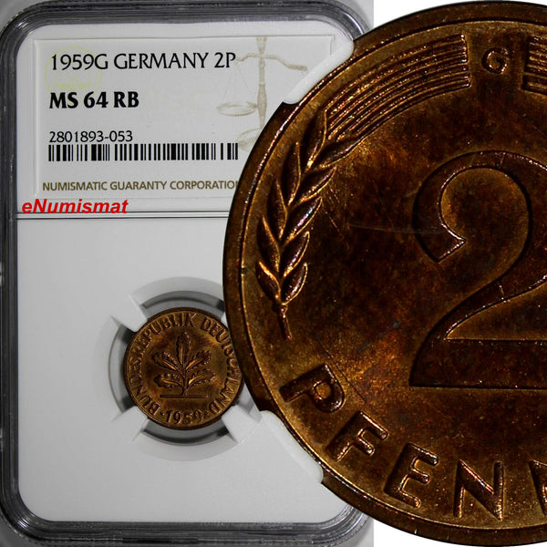 Germany Federal Republic 1959 G 2 Pfennig NGC MS64 RB TOP GRADED KM# 106 (053)