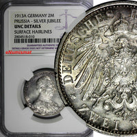 Germany PRUSSIA Wilhelm II Silver 1913 A 2 Mark NGC UNC DETAILS KM# 533 (010)