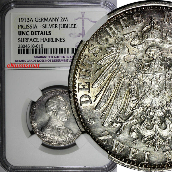 Germany PRUSSIA Wilhelm II Silver 1913 A 2 Mark NGC UNC DETAILS KM# 533 (010)