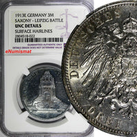 Germany SAXONY Leipzig Battle Silver 1913 E 3 Mark NGC UNC DETAILS KM#1275 (022)