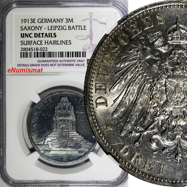 Germany SAXONY Leipzig Battle Silver 1913 E 3 Mark NGC UNC DETAILS KM#1275 (022)