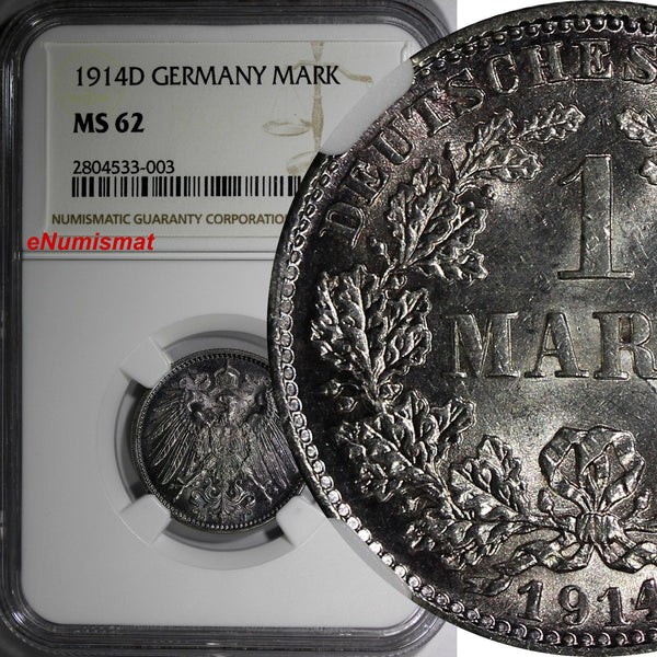 Germany - Empire Wilhelm II Silver 1914 D 1 Mark NGC MS62 Nice Toning KM# 14/003