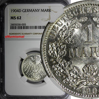 Germany - Empire Wilhelm II Silver 1904 D 1 Mark NGC MS62 Munich Mint KM# 14/005