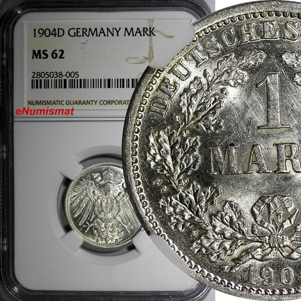 Germany - Empire Wilhelm II Silver 1904 D 1 Mark NGC MS62 Munich Mint KM# 14/005