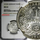 Germany - Empire Wilhelm II Silver 1910 D 1 Mark NGC MS62 Munich Mint KM# 14(12)
