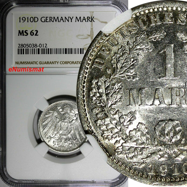 Germany - Empire Wilhelm II Silver 1910 D 1 Mark NGC MS62 Munich Mint KM# 14(12)