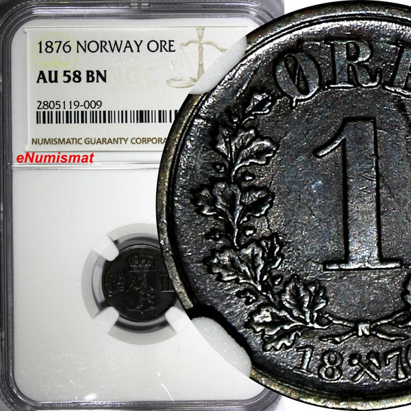 NORWAY Oscar II Bronze 1876 1 Ore NGC AU58 BN Lion 1ST DATE FOR TYPE KM# 352 (9)