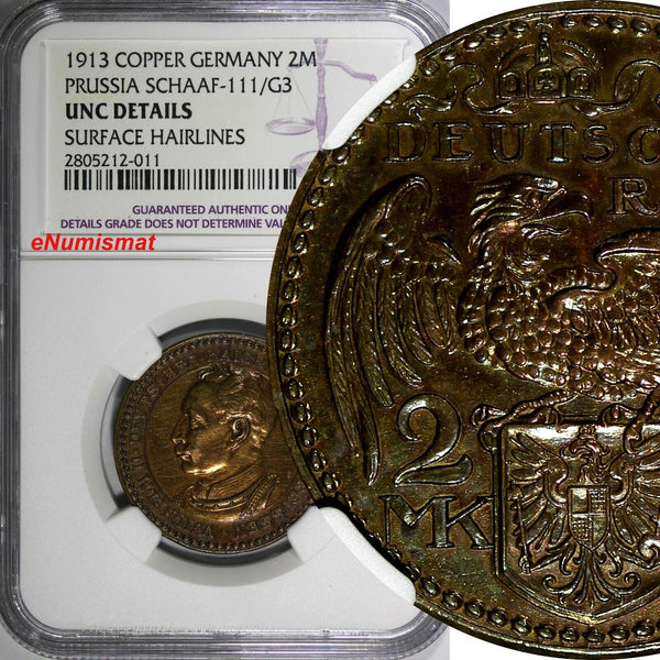 GERMANY PRUSSIA Goetz Copper Pattern 1913 2 Mark NGC UNC Schaaf-111/G3 (011)