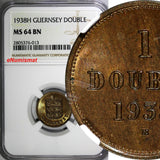 Guernsey Bronze 1938-H Double NGC MS64 BN Mintage-96,000 KM# 11 (013)