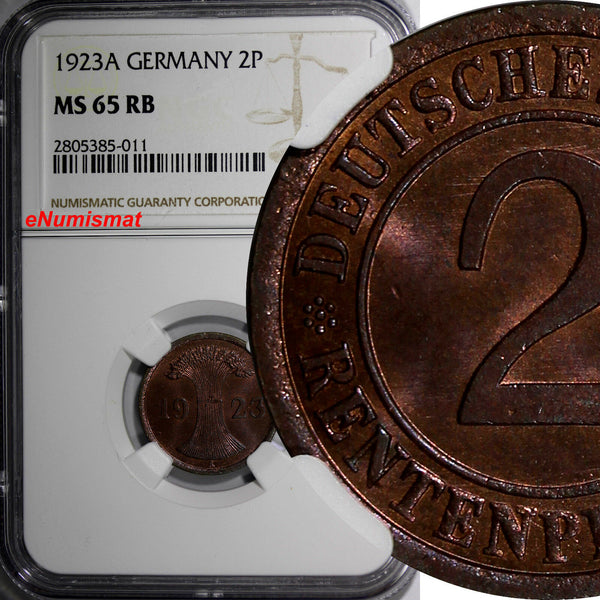 GERMANY, Weimar Repub 1923-A 2 Rentenpfennig NGC MS65 RB TOP GRADED KM# 31(011)