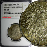 German States BAVARIA-90TH BIRTHDAY 1911 D 2 Mark NGC MS62 Nice Toned KM997(004)