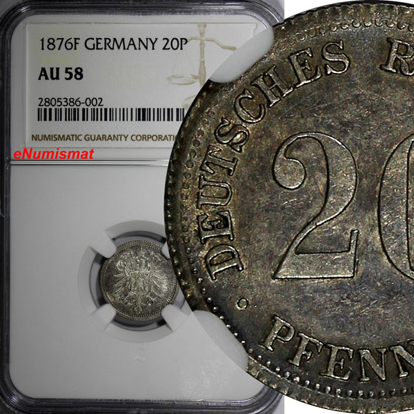 Germany - Empire Wilhelm I Silver 1876-F 20 Pfennig NGC AU58 Toning KM# 5 (002)