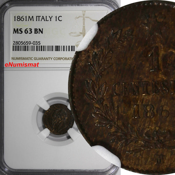 ITALY Vittorio Emanuele II Copper 1861-M Centesimo NGC MS63 BN KM# 1.1 (035)