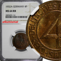 GERMANY, Weimar Republic Bronze 1932 A 4 Reichspfennig NGC MS64 RB KM# 75 (114)