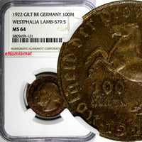 GERMANY Notgeld Westphalia 1922 100 MARK NGC MS64 TOP GRADED LAMB-579.5 (121)