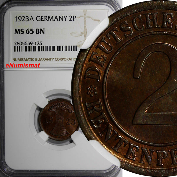 GERMANY, Weimar 1923-A 2 Rentenpfennig NGC MS65 BN TOP GRADED KM# 31 (125)