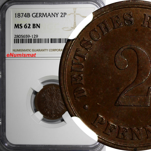 GERMANY-Empire Copper 1874-B  2 Pfennig NGC MS62 BN TOP GRADED BY NGC KM# 2(129)