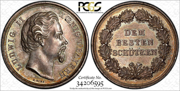 Germany Silver SPECIMEN Medal 1864-86 Ludwig II of Bavaria J.Ries PCGS SP62 (95)