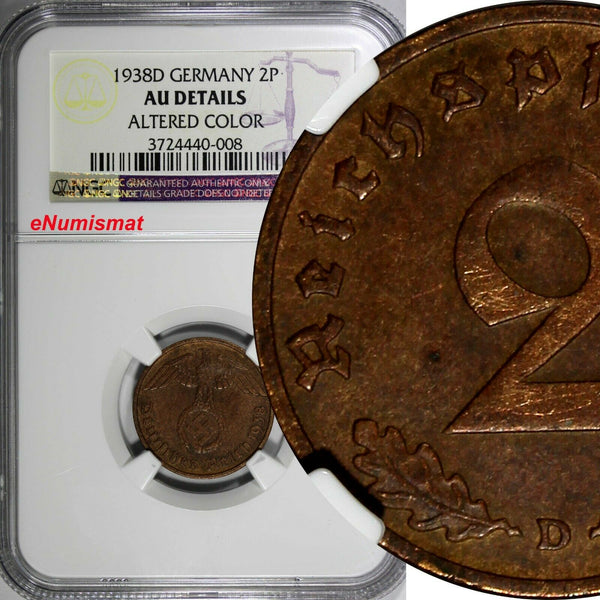 Germany,Third Reich 1938 D 2 Reichspfennig NGC AU DETAILS KM# 90 (008)