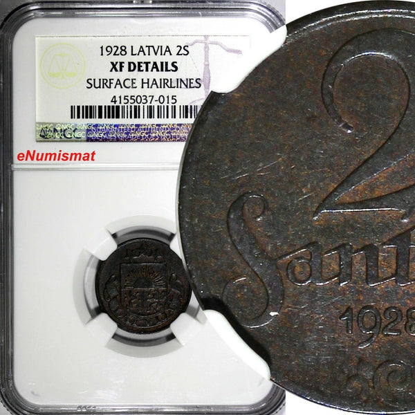 Latvia Bronze 1928 2 Santimi NGC XF DETAILS  KM# 2 (015)