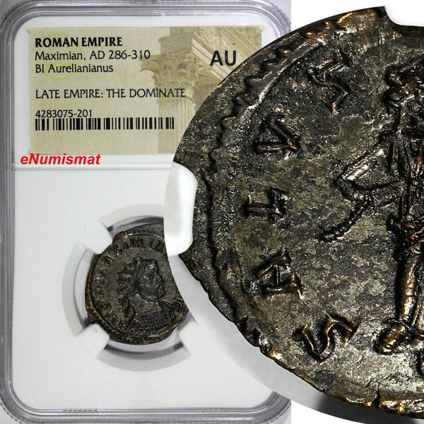 Roman Empire Maximian,AD 286-310 BI Aurelianianus /Salus feeding snake NGC AU(1)