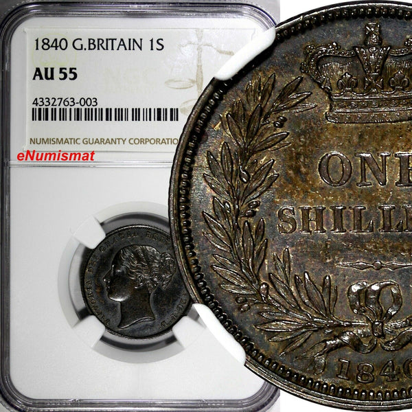 Great Britain Victoria Silver 1840 1 Shilling NGC AU55 Deep Toned KM# 734.1