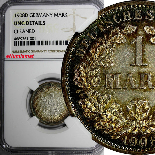Germany-Empire Wilhelm II Silver 1908 D 1 Mark NGC UNC  Munich TONED KM14 (001)