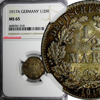 Germany-Empire Wilhelm II Silver 1917 A 1/2 Mark NGC MS65 Berlin Mint KM# 17(18)