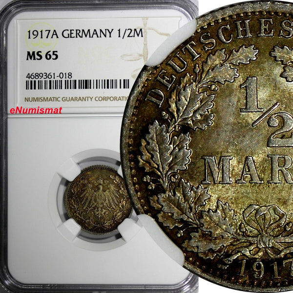 Germany-Empire Wilhelm II Silver 1917 A 1/2 Mark NGC MS65 Berlin Mint KM# 17(18)