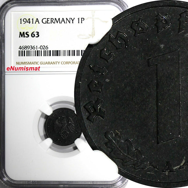 Germany-Third Reich Zinc 1941 A 1 Reichspfennig WWII NGC MS63 TOP GRADE KM97/026