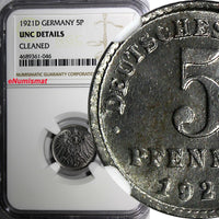 Germany Empire Wilhelm II Iron 1921 D 5 Pfennig NGC UNC DETAILS Munich KM#19/046