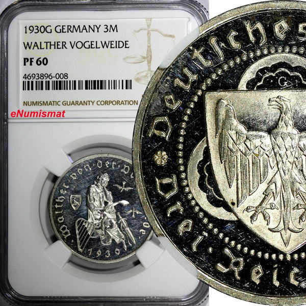 Germany Silver PROOF 1930 G 3 Mark NGC PF60 Death Von Der Vogelweide KM69(008)