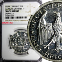 Germany Silver PROOF 1927 A 3 Reichsmark Marburg Univer.NGC PROOF DET.KM# 53/019