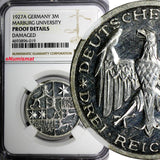 Germany Silver PROOF 1927 A 3 Reichsmark Marburg Univer.NGC PROOF DET.KM# 53/019