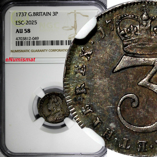 Great Britain George II Silver 1737 3 Pence Maundy NGC AU58  KM# 569 (049)