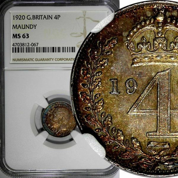GREAT BRITAIN George V 1920  4 Pence Maundy NGC MS63 Rainbow Toned KM# 814 (67)