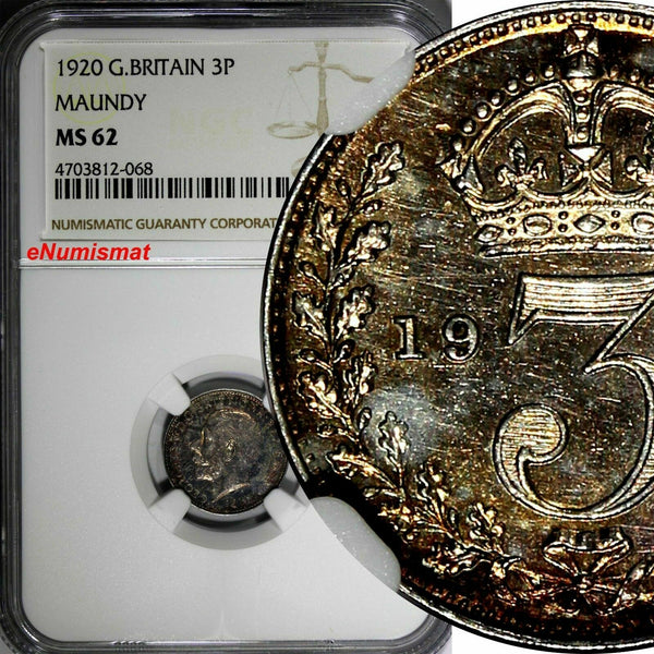 GREAT BRITAIN George V 1920 1 3 Pence Maundy NGC MS62 Rainbow Toned KM# 813 (68)