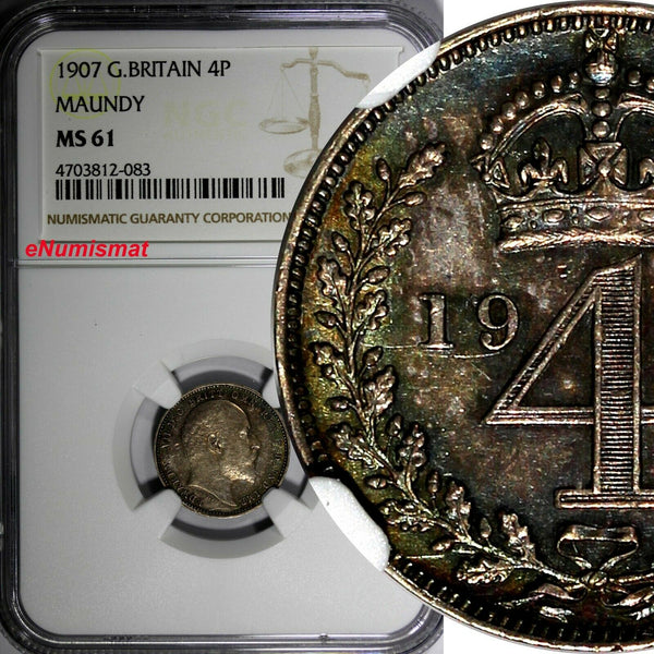 Great Britain Edward VII Silver 1907 4 Pence NGC MS61 Nice Toning KM# 798 (083)