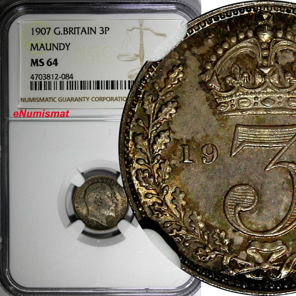 Great Britain Edward VII Silver 1907 3 Pence NGC MS64 Nice Toning KM# 797.2 (84)