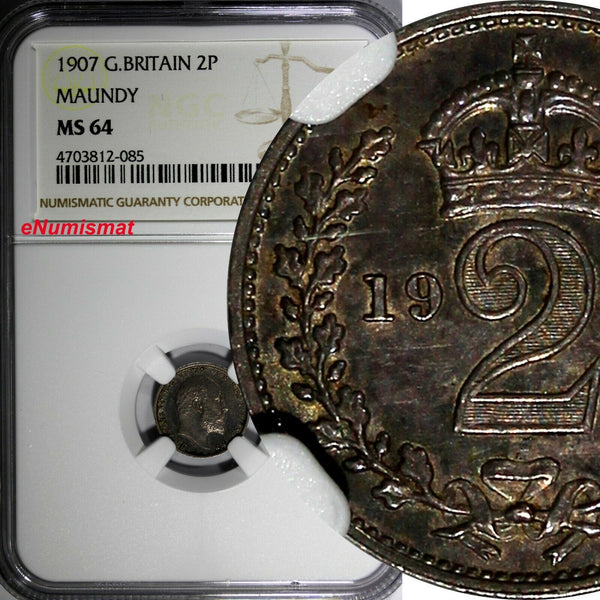 Great Britain Edward VII Silver 1907 2 Pence NGC MS64 Nice Toning KM# 796 (085)