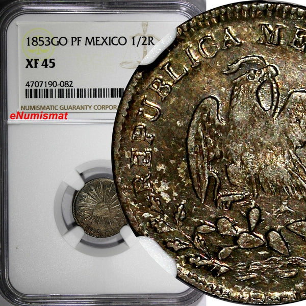 Mexico FIRST REP.SILVER 1853 GO PF 1/2 Real NGC XF45 1 GRADED HIGHER KM370.7(82)