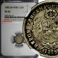 PERU Silver 1885 JM 1/2 Dinero NGC VF25 1 YEAR EXTREMELY RARE TYPE KM# 189a(127)