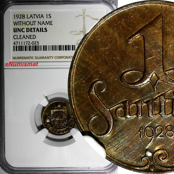 LATVIA Bronze 1928 1 Santims NGC UNC DET.Without Mint Name KEY DATE SCARCE KM# 1
