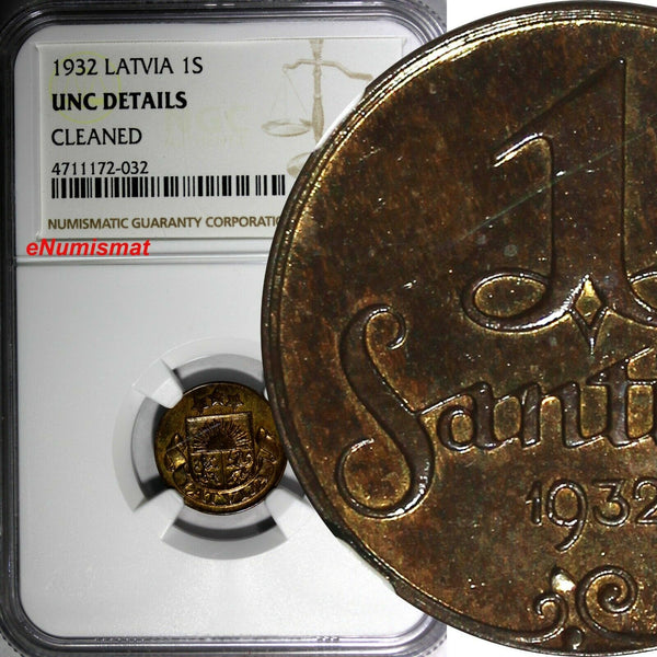 Latvia Bronze 1932 1 Santims NGC UNC DET.Struck at Switzerland. KM# 1