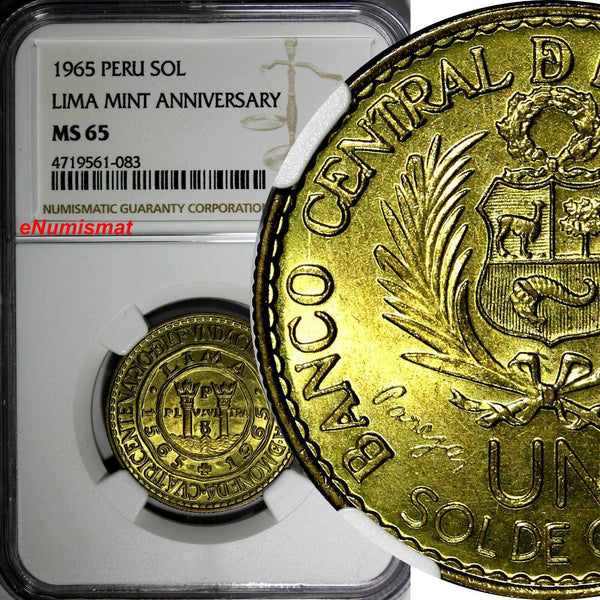 PERU Brass 1965 1 Sol NGC MS65 400th Anniversary of the Lima Mint KM# 240