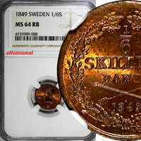 SWEDEN Oscar I Copper 1849 1/6 Skilling Mintage-536,544 NGC MS64 RB KM# 656